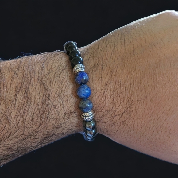 Lapis Lazuli & Hematite Men's Bracelet Natural Stones 8mm Stretches - Picture 3 of 5